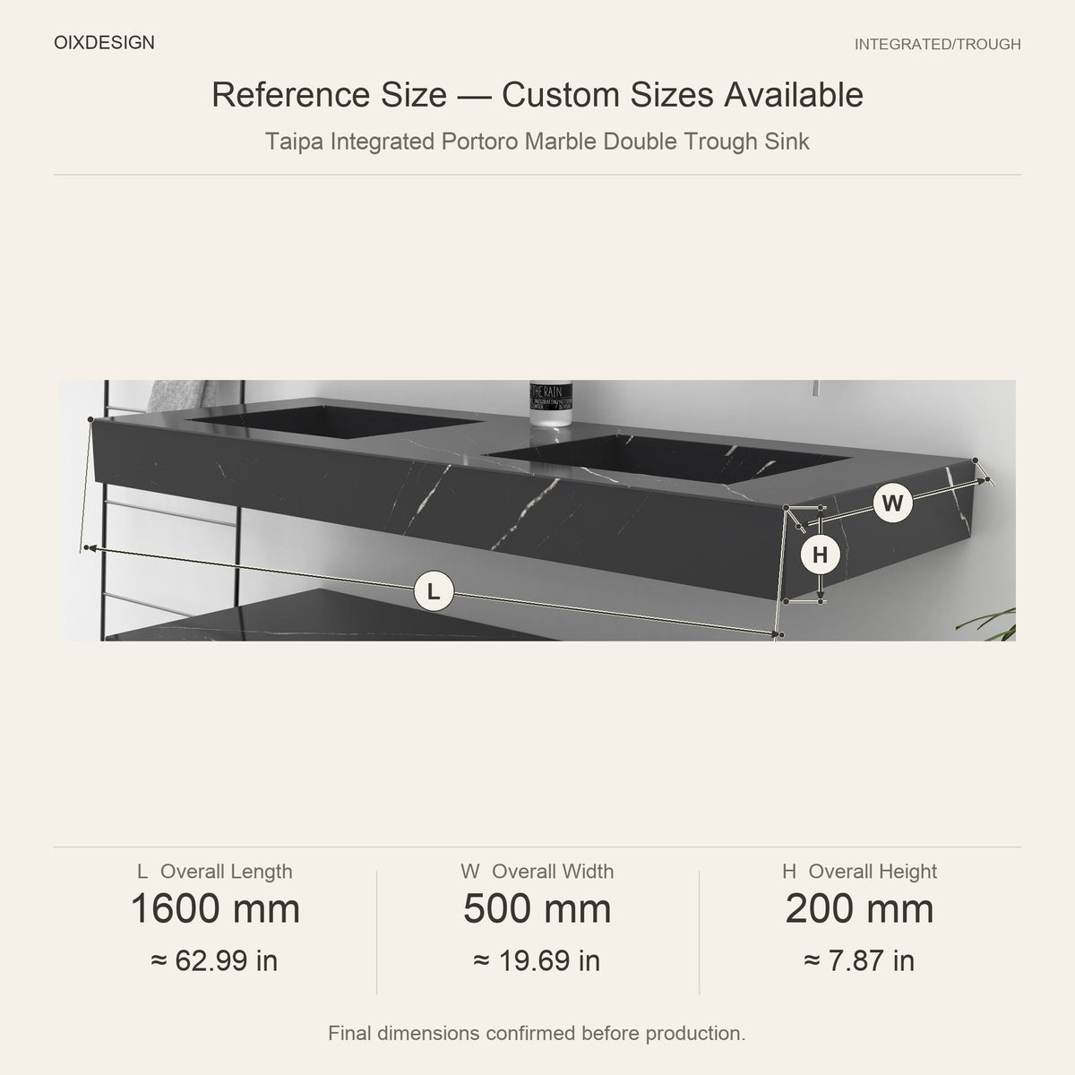Taipa Integrated Portoro Marble Double Trough Sink reference overall dimensions in millimeters and inches