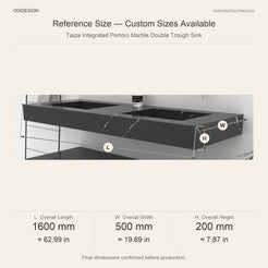 Taipa Integrated Portoro Marble Double Trough Sink reference overall dimensions in millimeters and inches