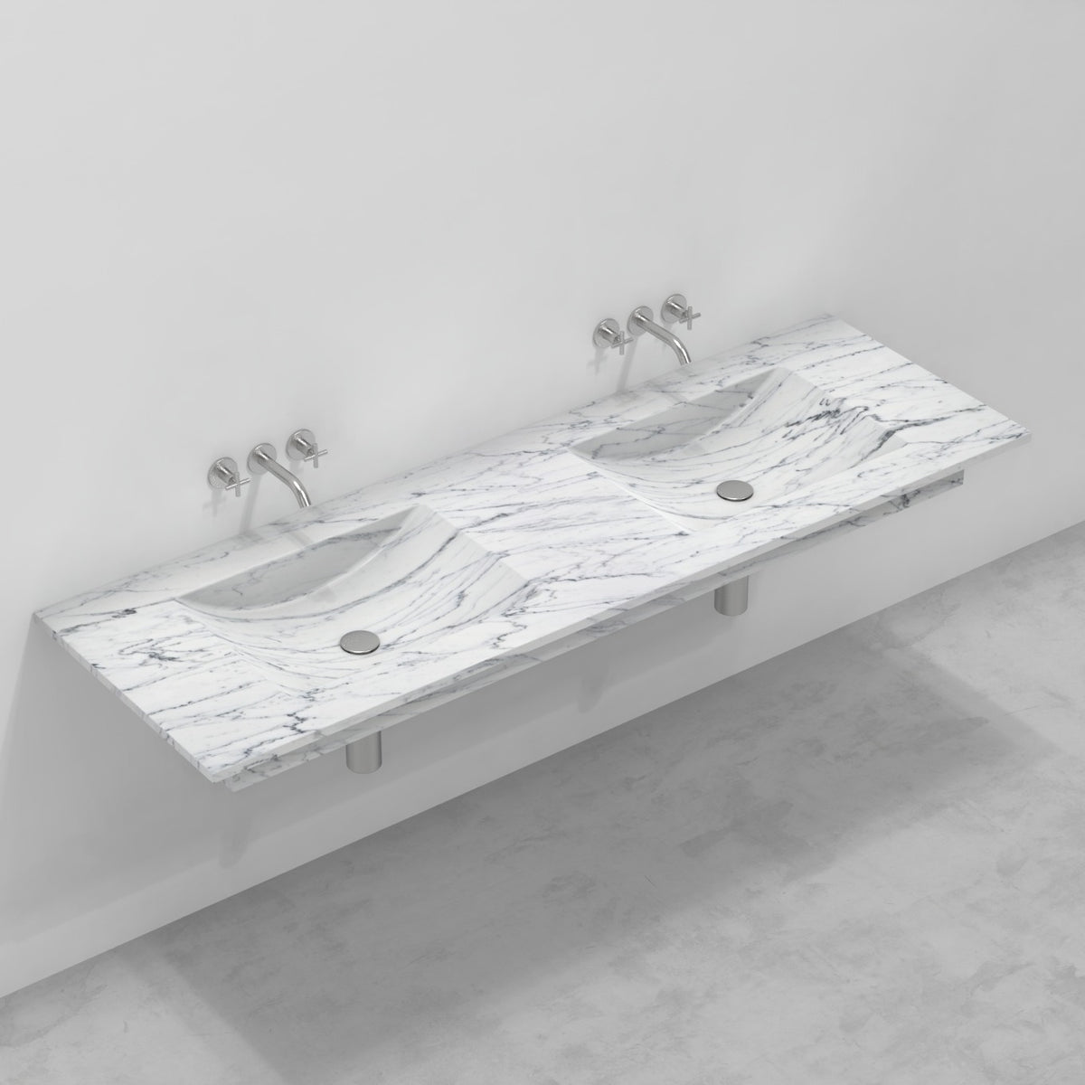 Taiya Carrara White Marble Wall-Mounted Sink — original elevated bathroom view showing both bowl recesses and drain positions