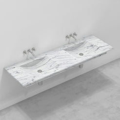 Taiya Carrara White Marble Wall-Mounted Sink — original elevated bathroom view showing both bowl recesses and drain positions