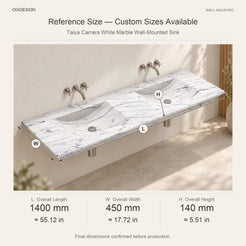 Taiya Carrara White Marble Wall-Mounted Sink reference overall dimensions in millimeters and inches