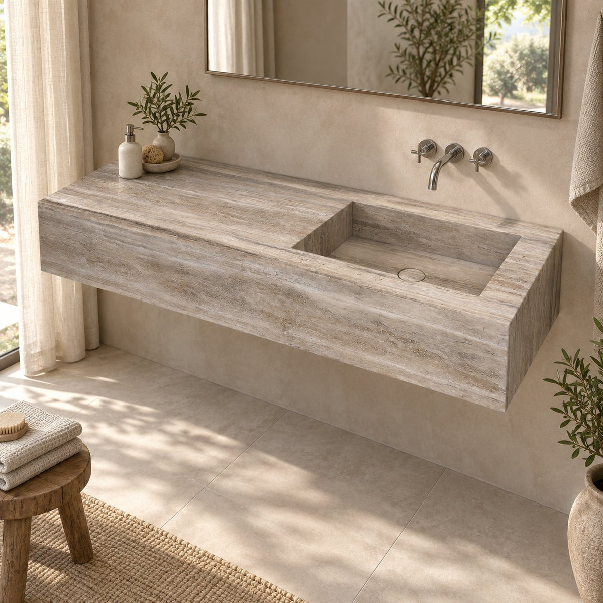 Talia Integrated Travertino Argento Trough Sink — complete oblique bathroom lifestyle