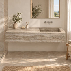 Talia Integrated Travertino Argento Trough Sink — complete frontal bathroom lifestyle