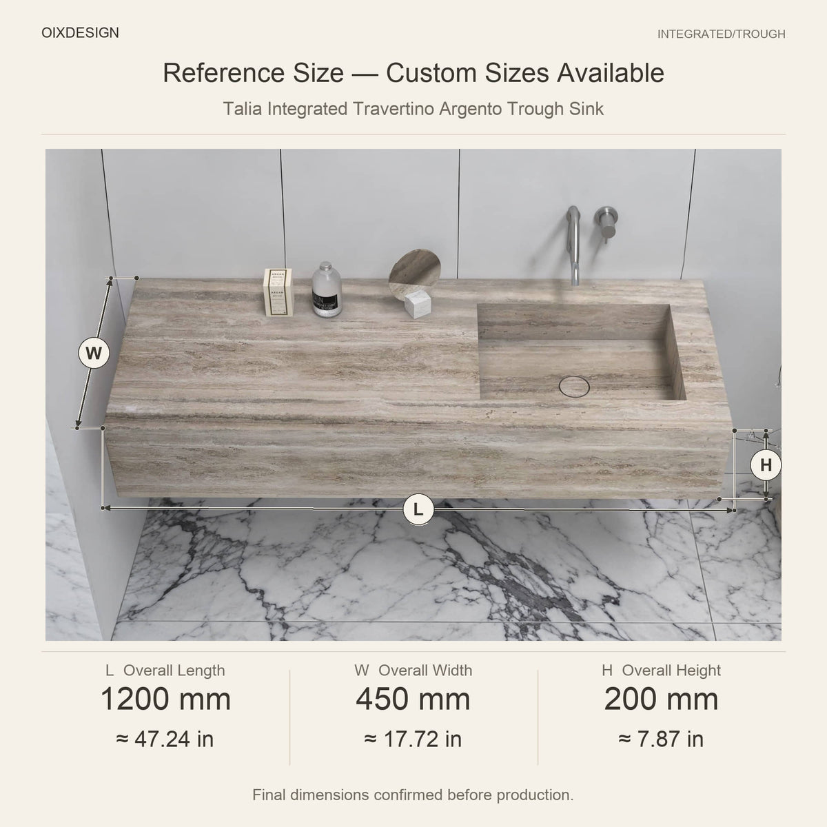 Talia Integrated Travertino Argento Trough Sink reference overall dimensions in millimeters and inches