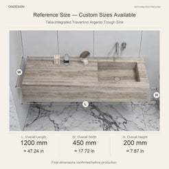 Talia Integrated Travertino Argento Trough Sink reference overall dimensions in millimeters and inches