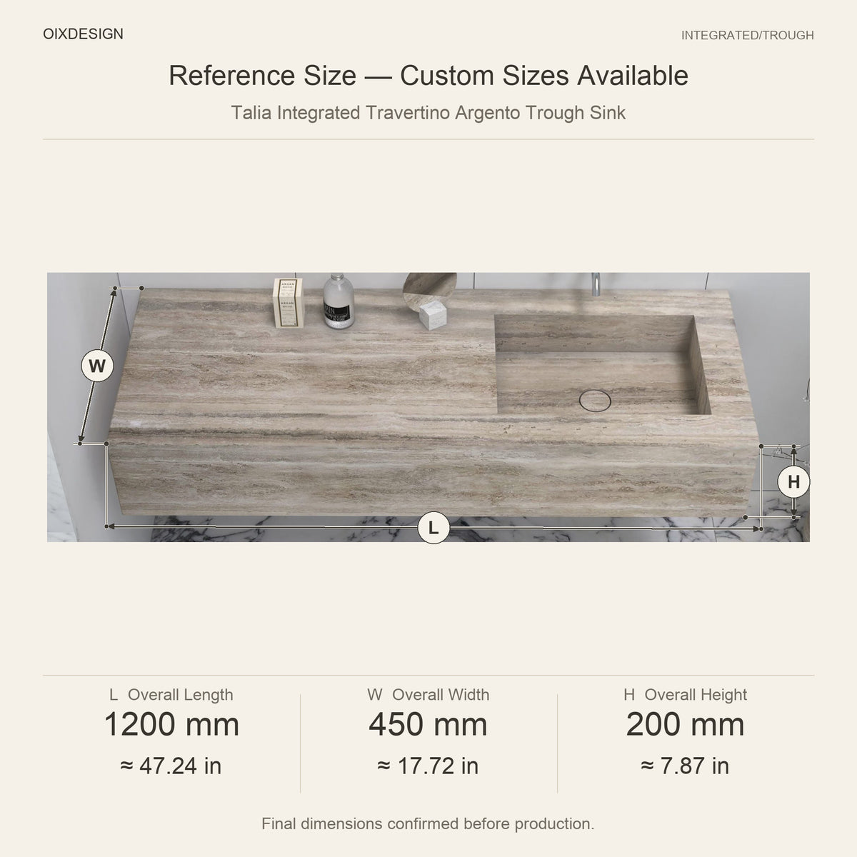 Talia Integrated Travertino Argento Trough Sink reference overall dimensions in millimeters and inches