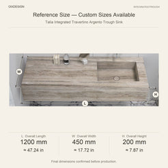 Talia Integrated Travertino Argento Trough Sink reference overall dimensions in millimeters and inches