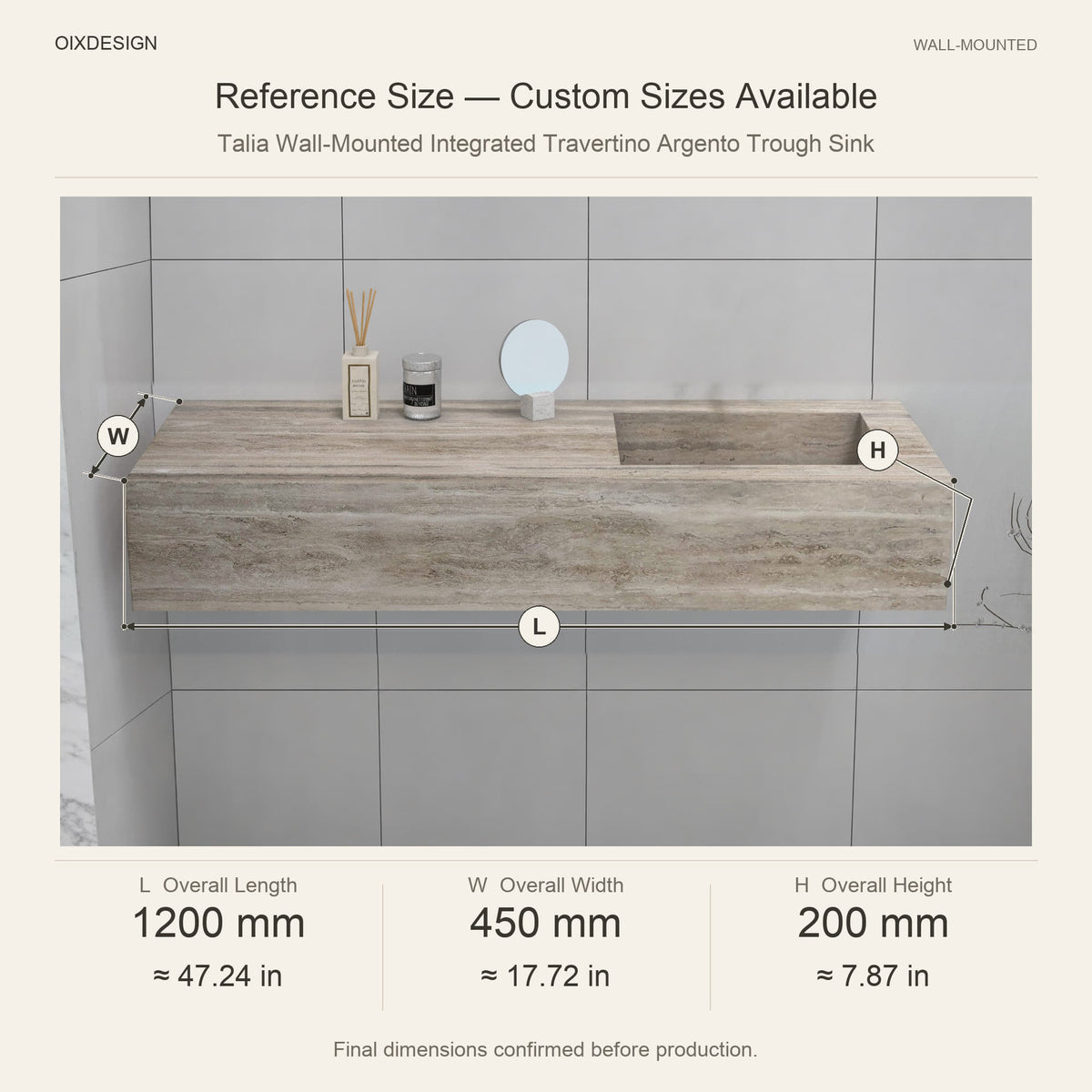 Talia Wall-Mounted Integrated Travertino Argento Trough Sink reference overall dimensions in millimeters and inches
