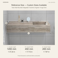 Talia Wall-Mounted Integrated Travertino Argento Trough Sink reference overall dimensions in millimeters and inches