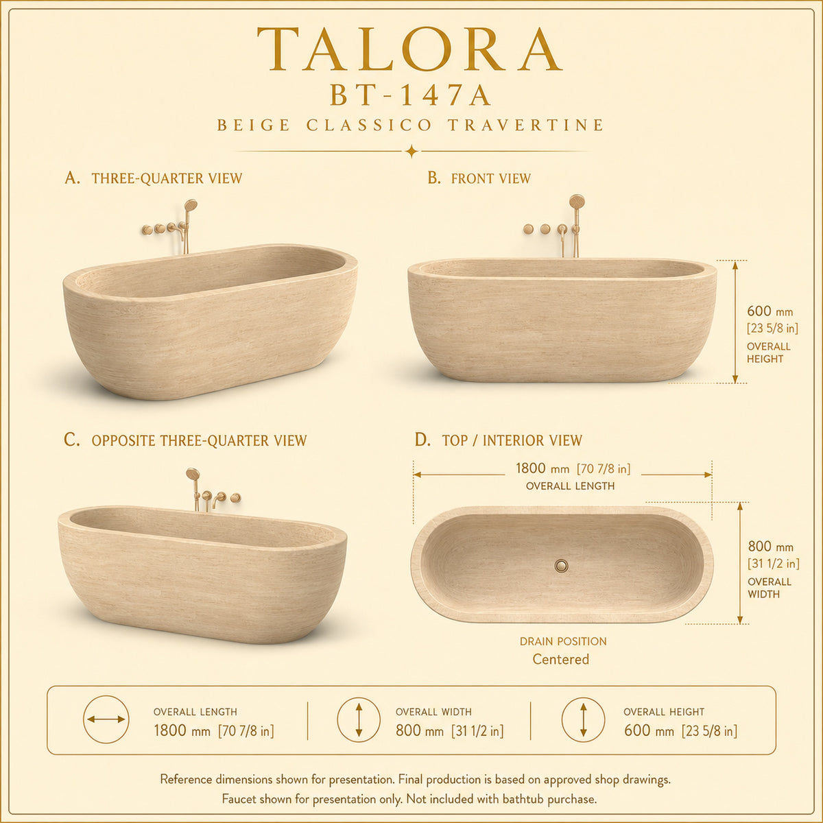 Talora Soft Rounded-Rectangle Freestanding Soaking Bathtub – Beige Classico Travertine premium reference dimension slide using the exact supplied drawing and product view; measurements retained unchanged