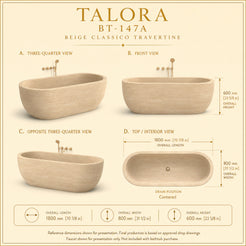 Talora Soft Rounded-Rectangle Freestanding Soaking Bathtub – Beige Classico Travertine premium reference dimension slide using the exact supplied drawing and product view; measurements retained unchanged
