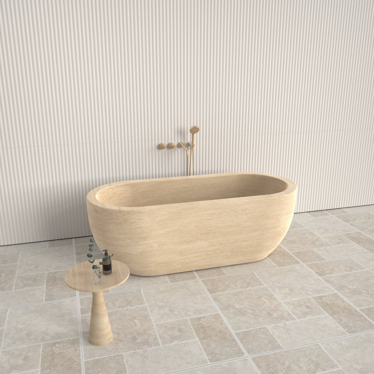 Talora BT-147A Beige Classico Travertine freestanding soaking bathtub, exact-source top and interior design rendering