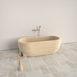 Talora BT-147A Beige Classico Travertine freestanding soaking bathtub, exact-source top and interior design rendering