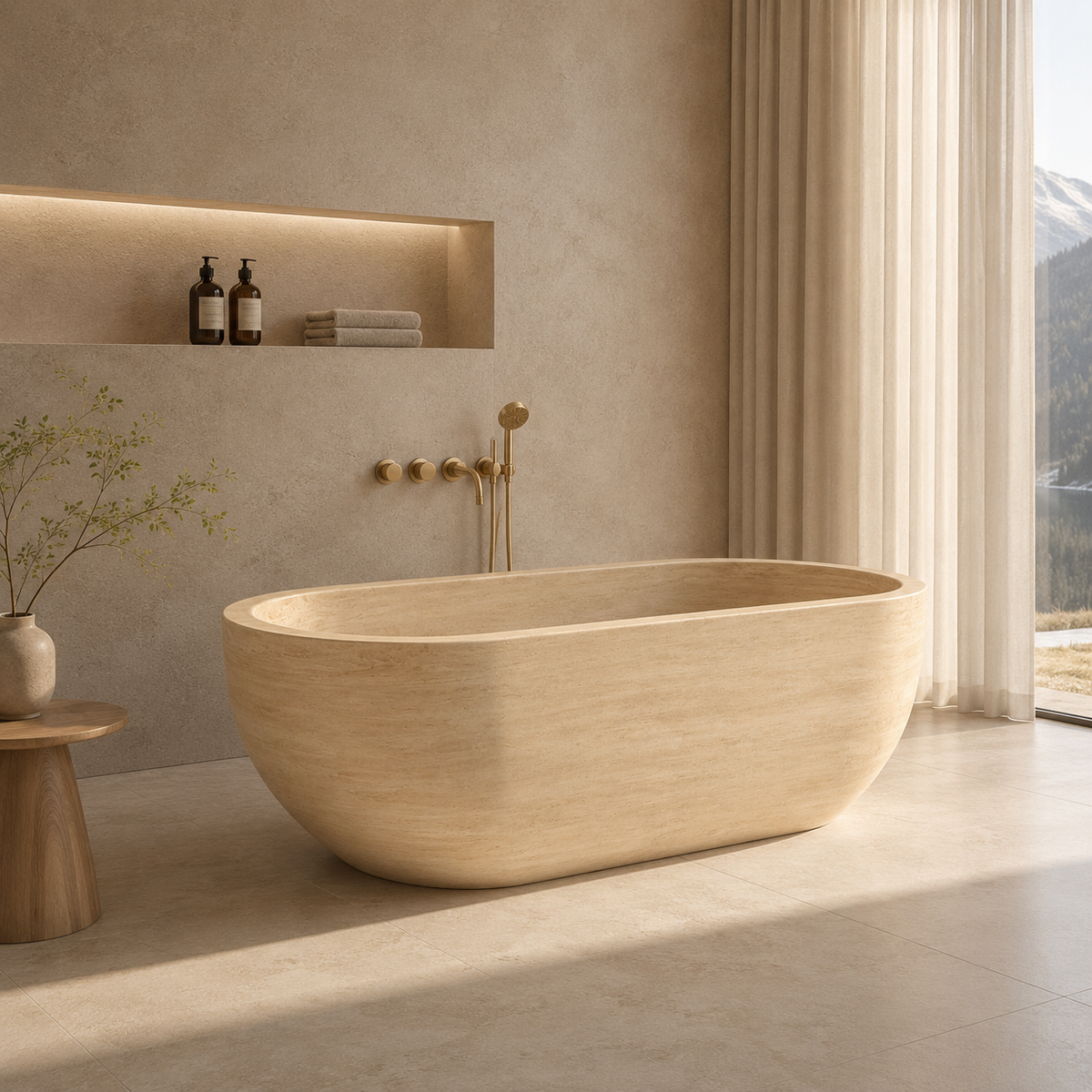 Talora BT-147A Beige Classico Travertine freestanding soaking bathtub in a warm luxury bathroom, hero lifestyle view