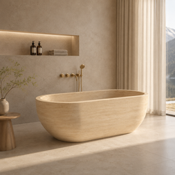 Talora BT-147A Beige Classico Travertine freestanding soaking bathtub in a warm luxury bathroom, hero lifestyle view