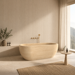 Talora BT-147A Beige Classico Travertine freestanding soaking bathtub in a fluted-wall luxury spa bathroom, second lifestyle view
