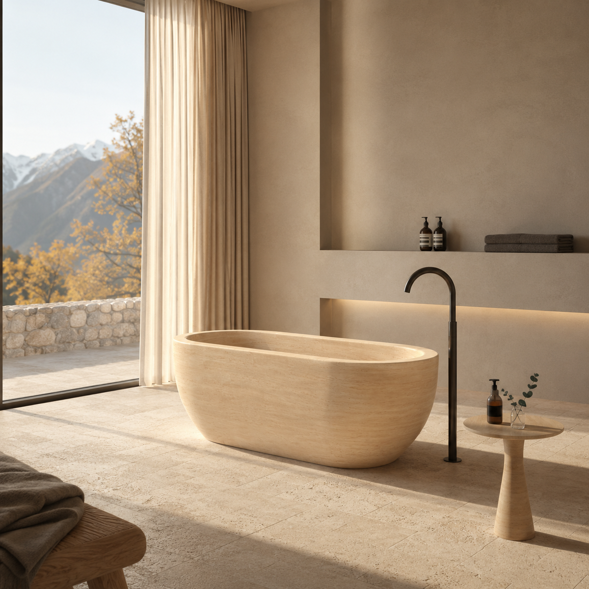 Talora BT-147A Beige Classico Travertine freestanding soaking bathtub in a sunlit mountain-view bathroom, third lifestyle view