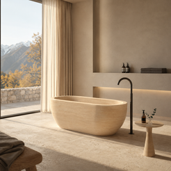 Talora BT-147A Beige Classico Travertine freestanding soaking bathtub in a sunlit mountain-view bathroom, third lifestyle view