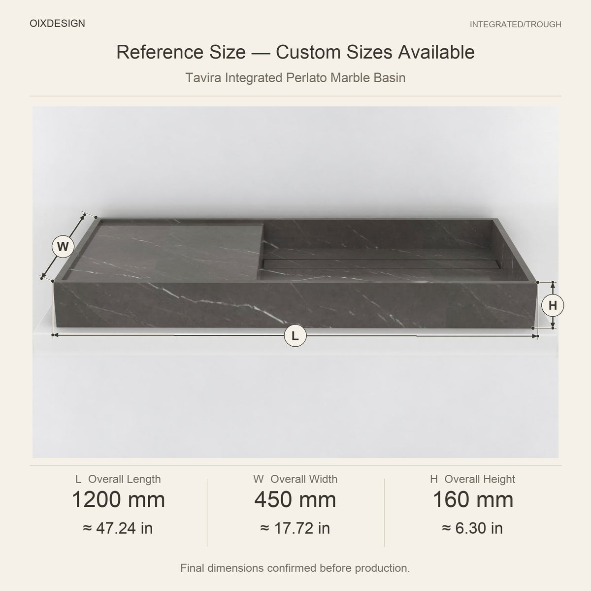 Tavira Integrated Perlato Marble Basin reference overall dimensions in millimeters and inches