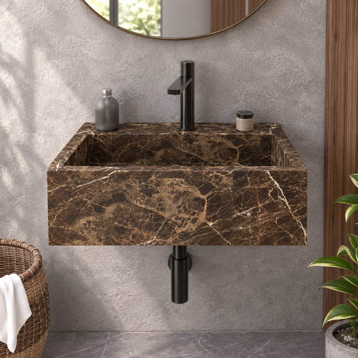 Tiarra Wall-Mounted Marroca Marble Sink — complete frontal wall-hung bathroom lifestyle
