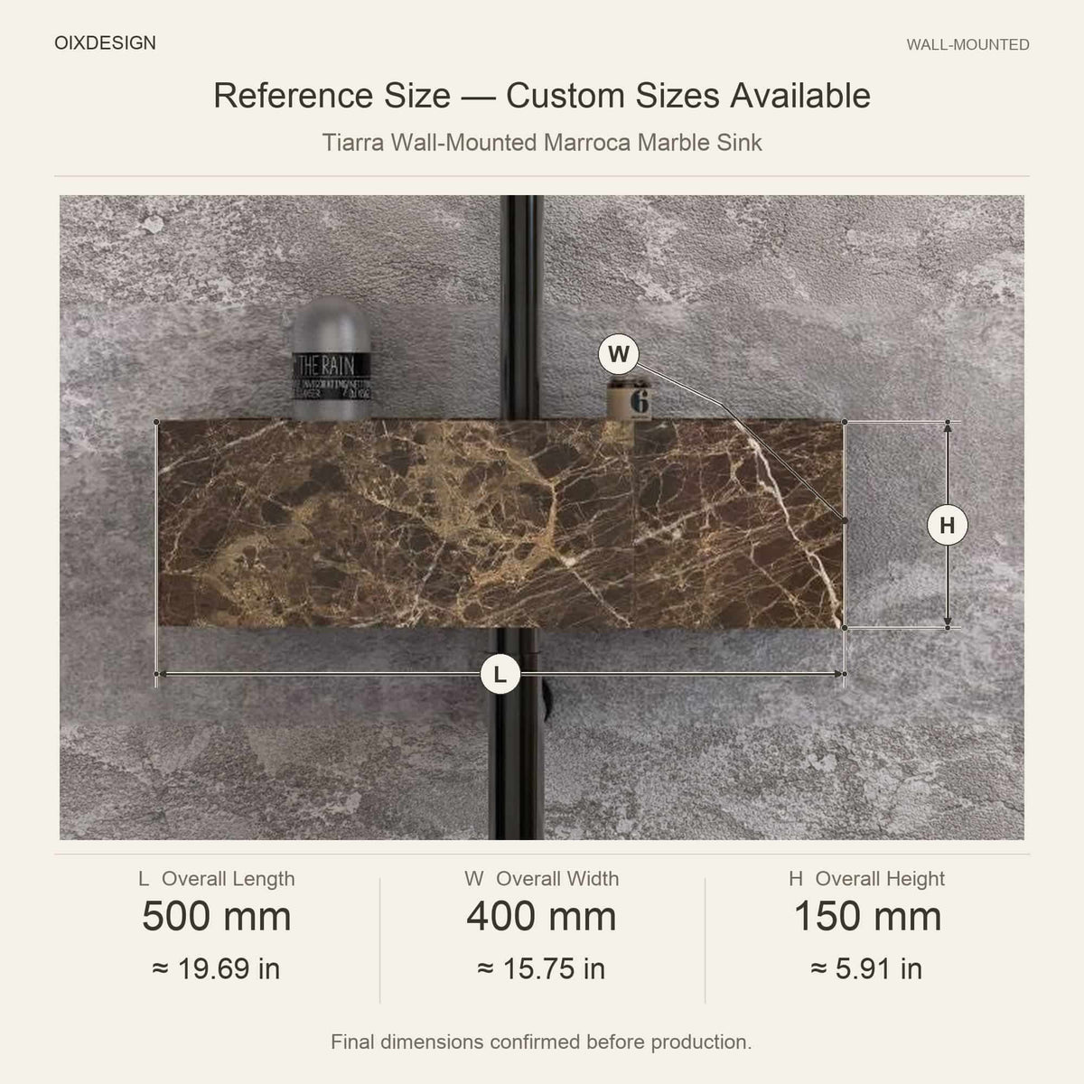 Tiarra Wall-Mounted Marroca Marble Sink reference overall dimensions in millimeters and inches