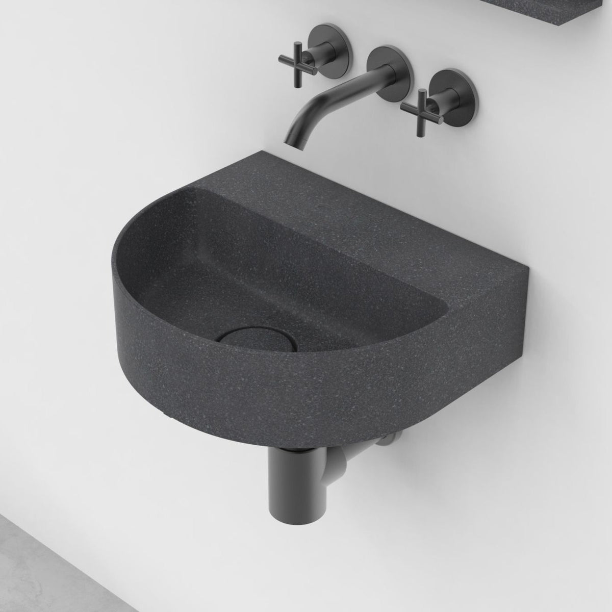 Tibota Neroco Granite Wall-Mounted Sink — alternate bathroom angle showing the bowl and surrounding stone