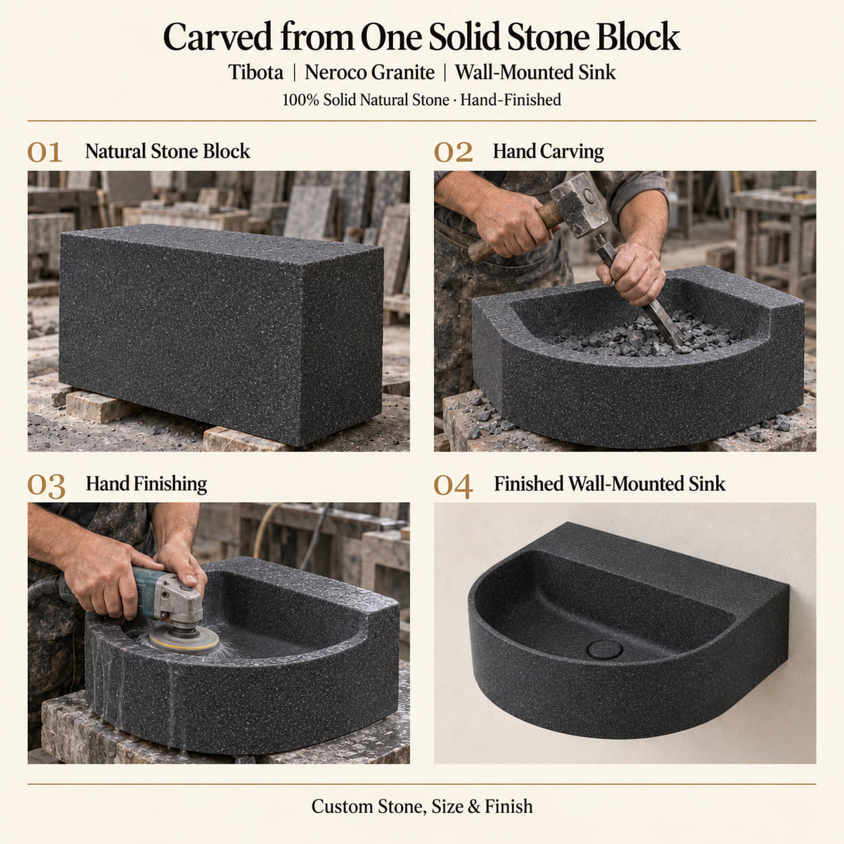 Tibota Neroco Granite D-shaped wall-mounted sink carved from one solid stone block, with hand carving, hand finishing and the finished basin.