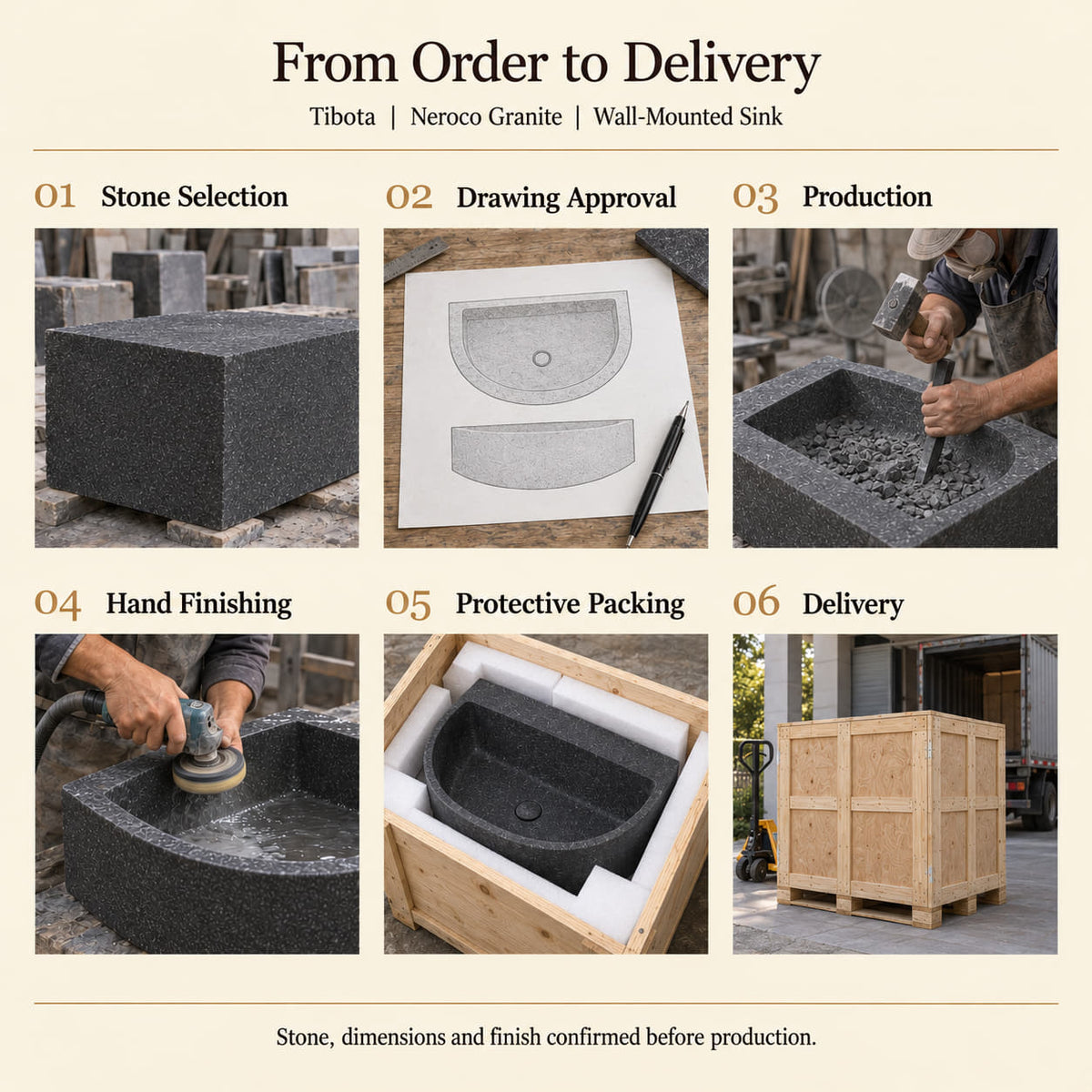 Tibota Neroco Granite D-shaped wall-mounted sink from stone selection and drawing approval through manual hollowing, hand finishing, protective packing and delivery.