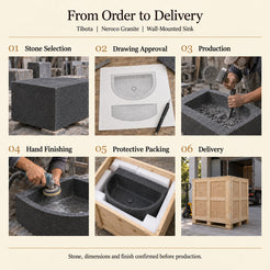 Tibota Neroco Granite D-shaped wall-mounted sink from stone selection and drawing approval through manual hollowing, hand finishing, protective packing and delivery.