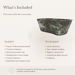 Tivelle Flared Rounded-Rectangle Freestanding Soaking Bathtub – Celestia Blue Quartzite — What’s Included in the Reference Price.