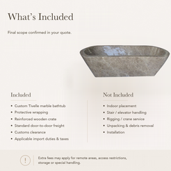 Tivelle Flared Rounded-Rectangle Freestanding Soaking Bathtub – Perlato Marble — What’s Included in the Reference Price.