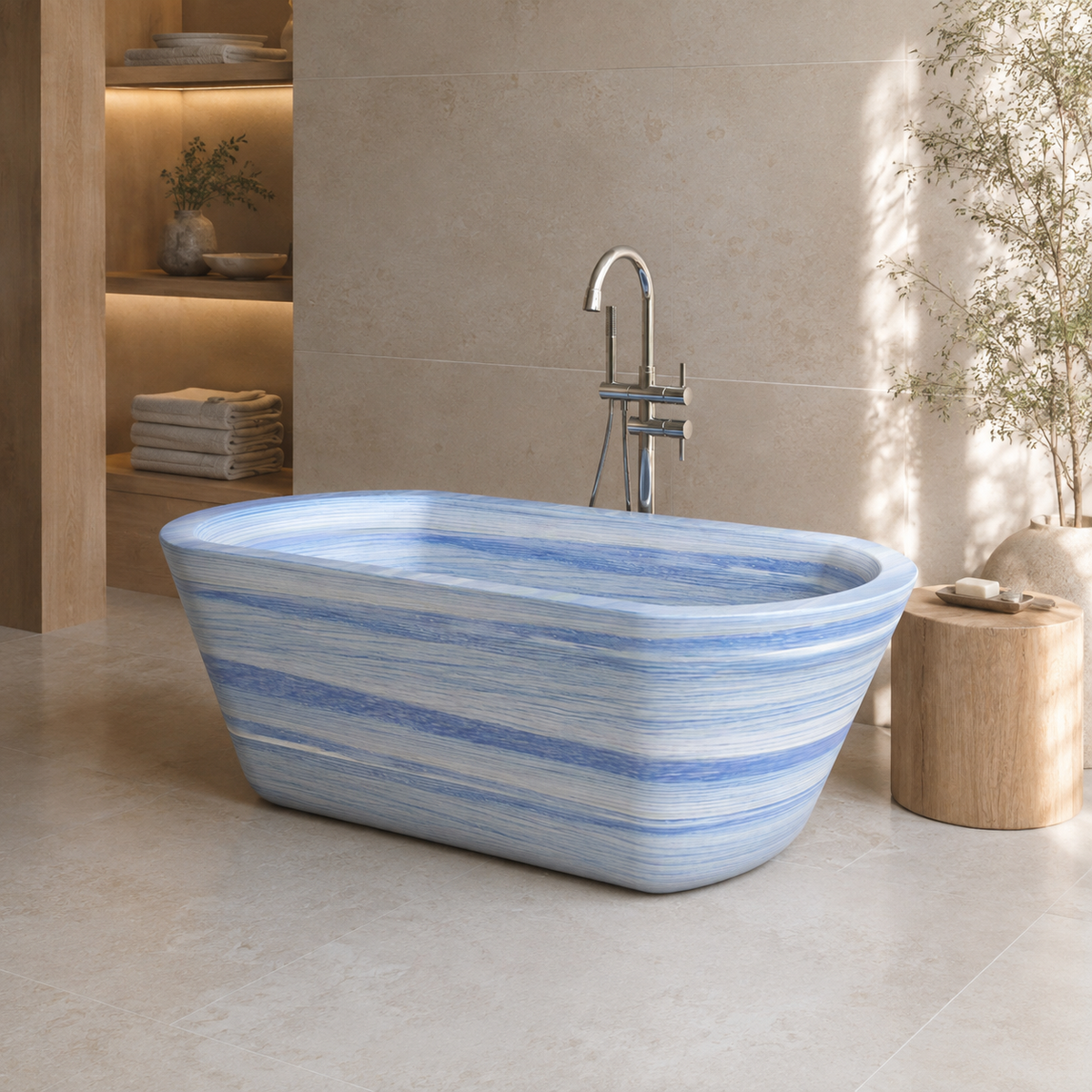Tivelle Flared Rounded-Rectangle Freestanding Soaking Bathtub – Azura Blue Quartzite in a warm ivory-limestone luxury bathroom; exact product geometry and material preserved