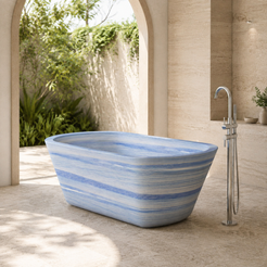 Tivelle Flared Rounded-Rectangle Freestanding Soaking Bathtub – Azura Blue Quartzite in a bright serene courtyard spa bathroom; exact product geometry and material preserved