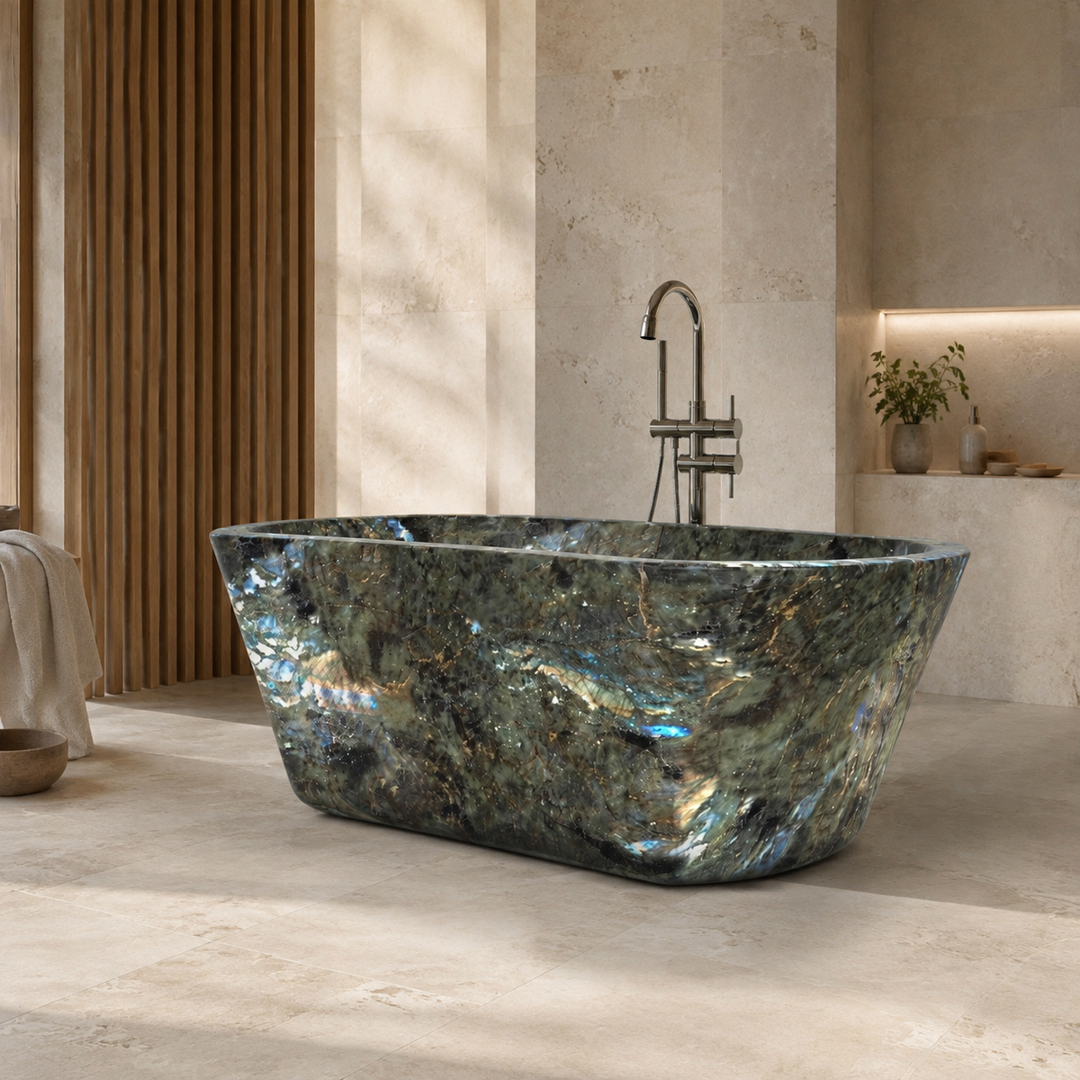Tivelle Flared Rounded-Rectangle Freestanding Soaking Bathtub – Celestia Blue Quartzite in a warm ivory-limestone luxury bathroom; exact product geometry and material preserved
