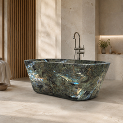 Tivelle Flared Rounded-Rectangle Freestanding Soaking Bathtub – Celestia Blue Quartzite in a warm ivory-limestone luxury bathroom; exact product geometry and material preserved