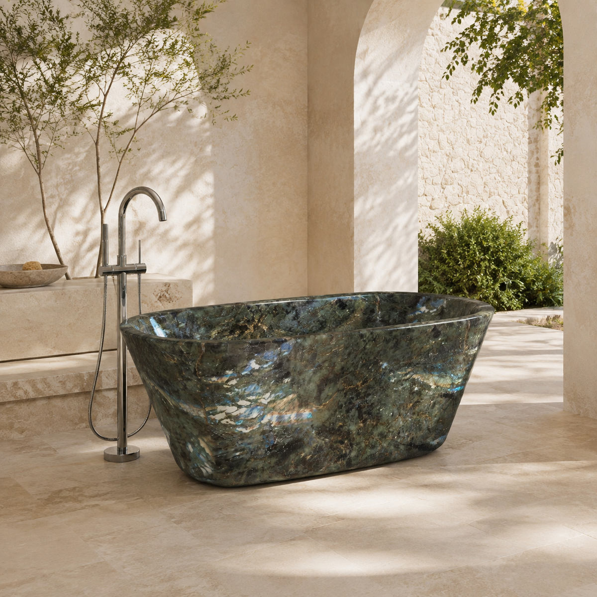 Tivelle Flared Rounded-Rectangle Freestanding Soaking Bathtub – Celestia Blue Quartzite in a bright serene courtyard spa bathroom; exact product geometry and material preserved