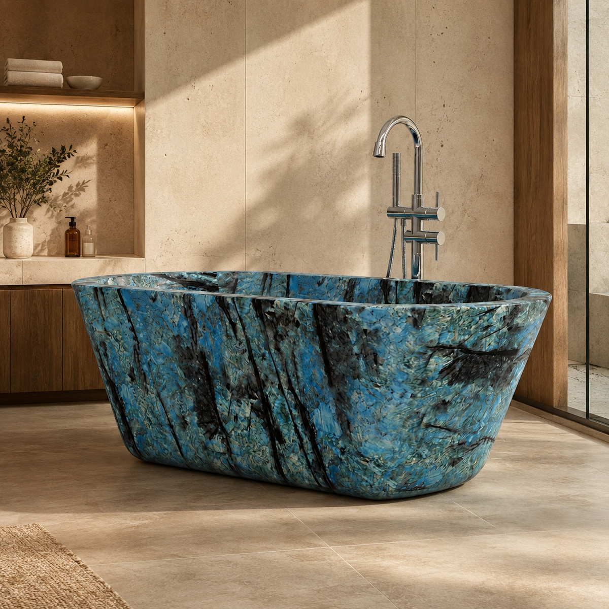 Tivelle Flared Rounded-Rectangle Freestanding Soaking Bathtub – Danube Blue Quartzite in a warm ivory-limestone luxury bathroom; exact product geometry and material preserved