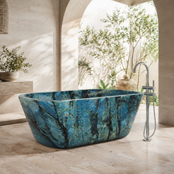 Tivelle Flared Rounded-Rectangle Freestanding Soaking Bathtub – Danube Blue Quartzite in a bright serene courtyard spa bathroom; exact product geometry and material preserved