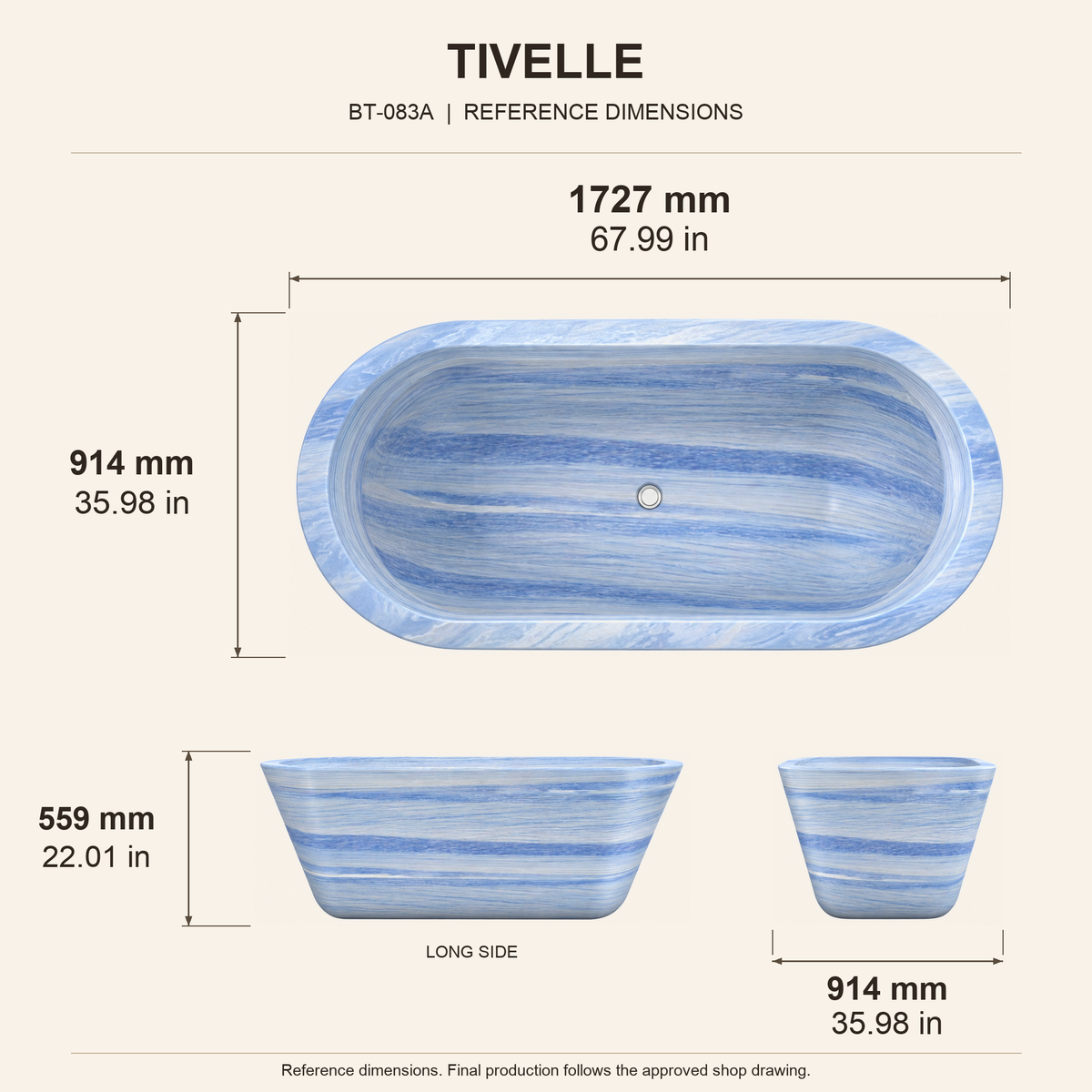 Tivelle Flared Rounded-Rectangle Freestanding Soaking Bathtub – Azura Blue Quartzite reference dimension drawing with top, long-side and short-end views, measurements in millimetres and inches.