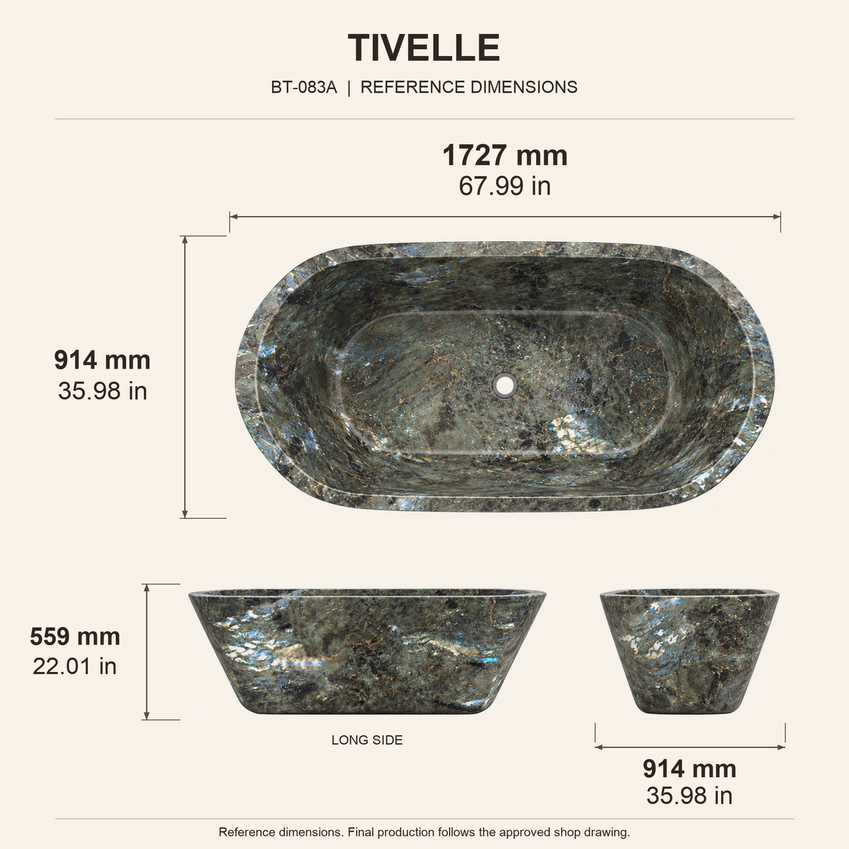 Tivelle Flared Rounded-Rectangle Freestanding Soaking Bathtub – Celestia Blue Quartzite reference dimension drawing with top, long-side and short-end views, measurements in millimetres and inches.