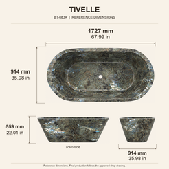 Tivelle Flared Rounded-Rectangle Freestanding Soaking Bathtub – Celestia Blue Quartzite reference dimension drawing with top, long-side and short-end views, measurements in millimetres and inches.