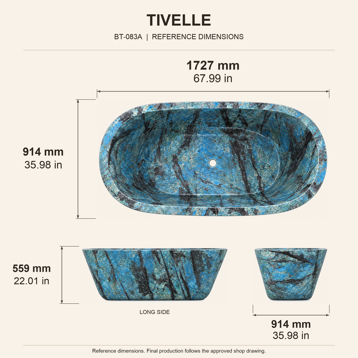 Tivelle Flared Rounded-Rectangle Freestanding Soaking Bathtub – Danube Blue Quartzite reference dimension drawing with top, long-side and short-end views, measurements in millimetres and inches.