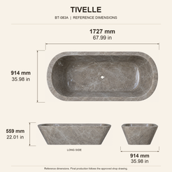 Tivelle Flared Rounded-Rectangle Freestanding Soaking Bathtub – Perlato Marble reference dimension drawing with top, long-side and short-end views, measurements in millimetres and inches.