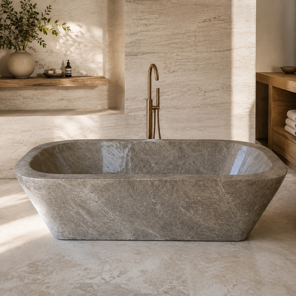 Tivelle Flared Rounded-Rectangle Freestanding Soaking Bathtub – Perlato Marble in a warm ivory-limestone luxury bathroom; exact product geometry and material preserved