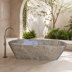 Tivelle Flared Rounded-Rectangle Freestanding Soaking Bathtub – Perlato Marble in a bright serene courtyard spa bathroom; exact product geometry and material preserved