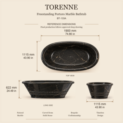 Torenne BT-133A Portoro Marble bathtub dimensions: 1900 x 1115 x 622 mm (74.80 x 43.90 x 24.49 in), top, long side and end views.