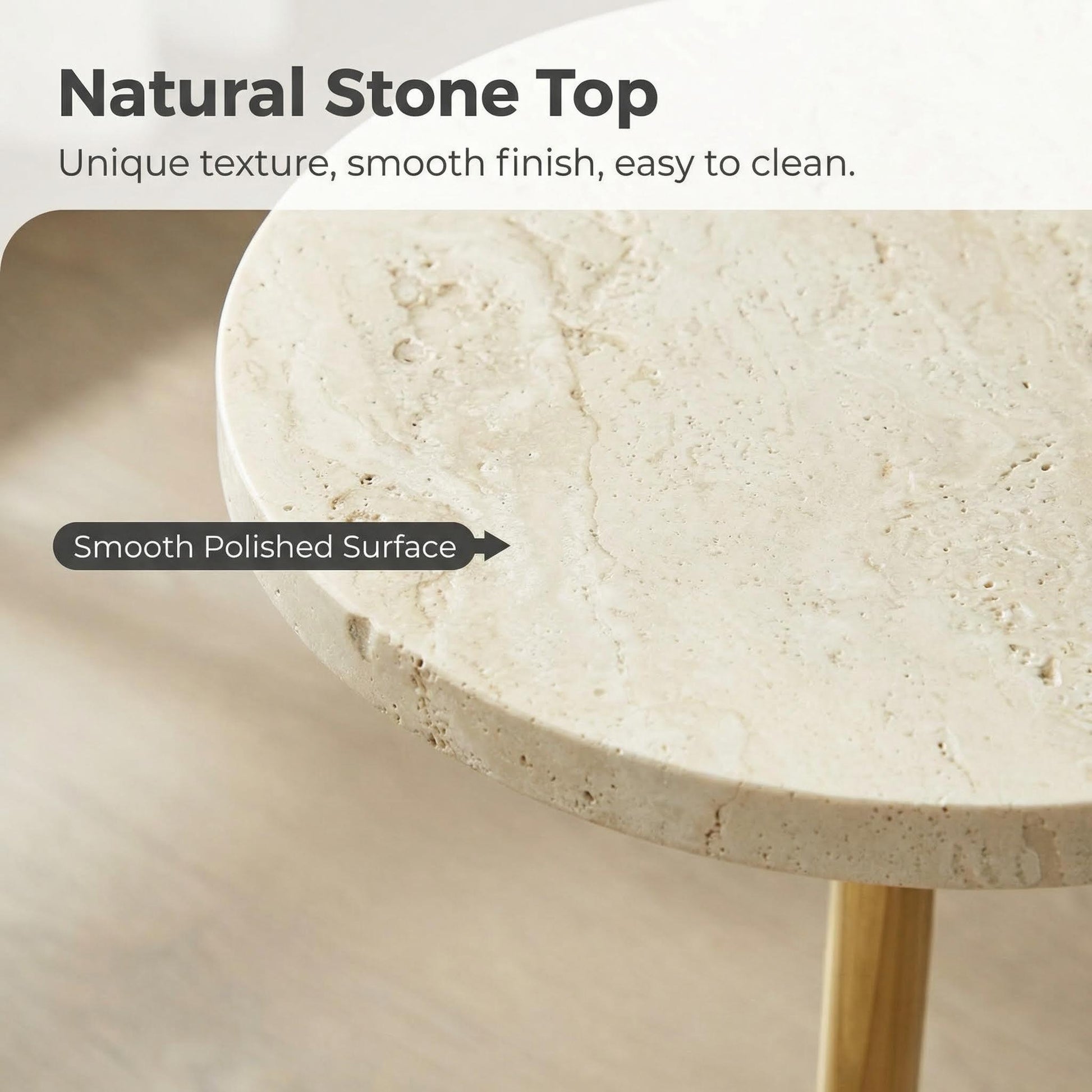 Natural travertine stone tabletop detail of the Pillar side table
