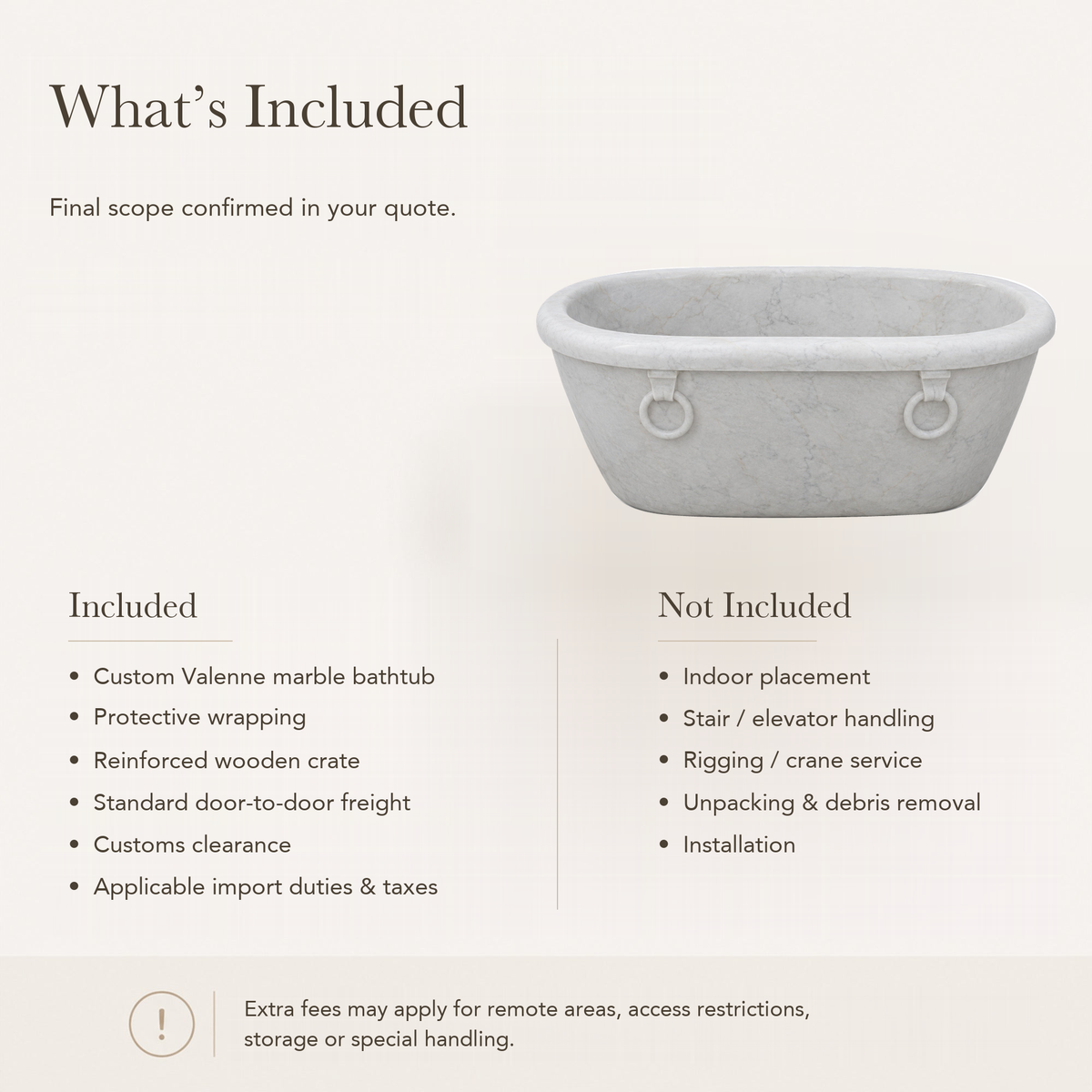 Valenne Rolled-Rim Freestanding Soaking Bathtub – Italian Carrara White Marble — What’s Included in the Reference Price.