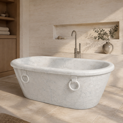 Valenne Rolled-Rim Freestanding Soaking Bathtub – Italian Carrara White Marble in a warm ivory-limestone luxury bathroom; exact product geometry and material preserved