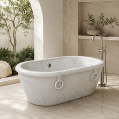 Valenne Rolled-Rim Freestanding Soaking Bathtub – Italian Carrara White Marble in a bright serene courtyard spa bathroom; exact product geometry and material preserved